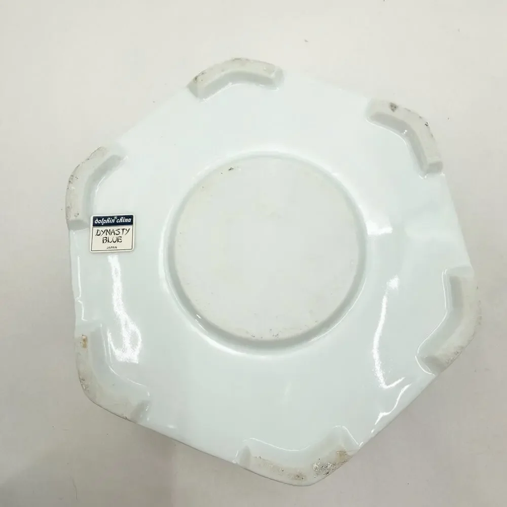 Vintage Dolphin Dynasty Blue Porcelain Hexagonal Teapot Warmer & Brass Handle